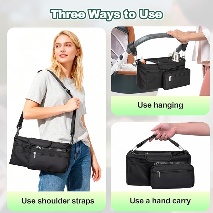 Universal Stroller Organizer Bag, Stroller Caddy with Insulated Cup Holders & Detachable Phone Bag and Shoulder Strap, Stroller Bag for Baby Accessories Fits Most Strollers On Travel, Walks (Black)