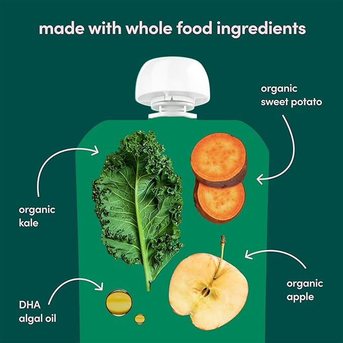 Cerebelly Organic Baby Food Pouches, Kale Sweet Potato Apple Purees, 16 Nutrients, No Added Sugar, Fiber & Non-GMO, 4oz, 6 Pack