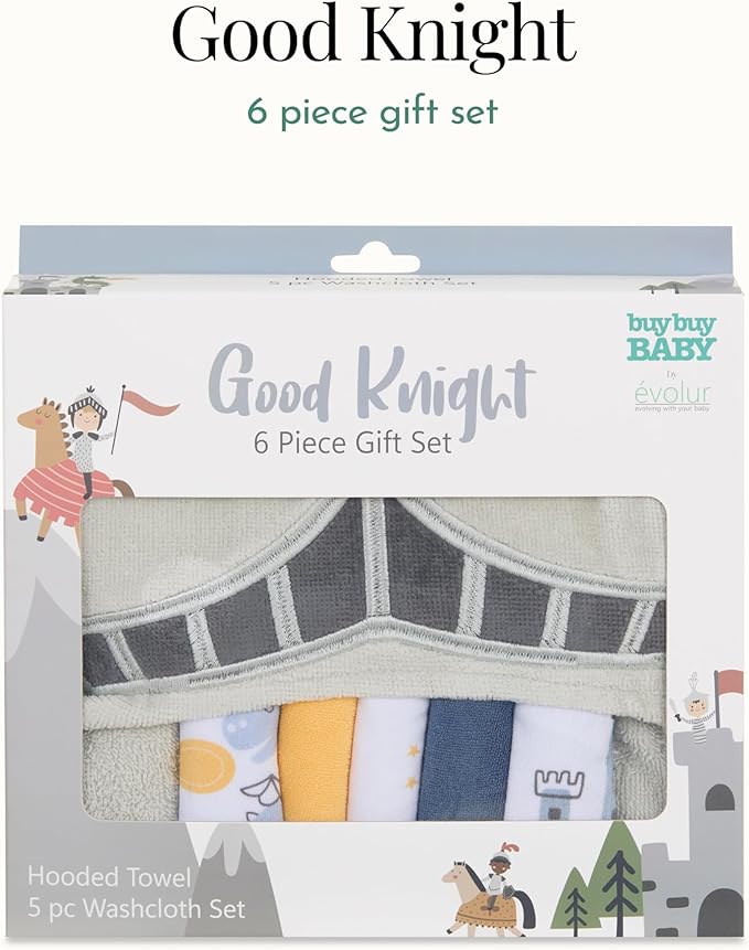 Evolur Good Knight 6 pc Baby Gift Set, Includes Hooded Towel & 5pc Wash Cloths, Soft and 100% Cotton Woven, for Newborn, Infants and Toddlers 0-9 Months