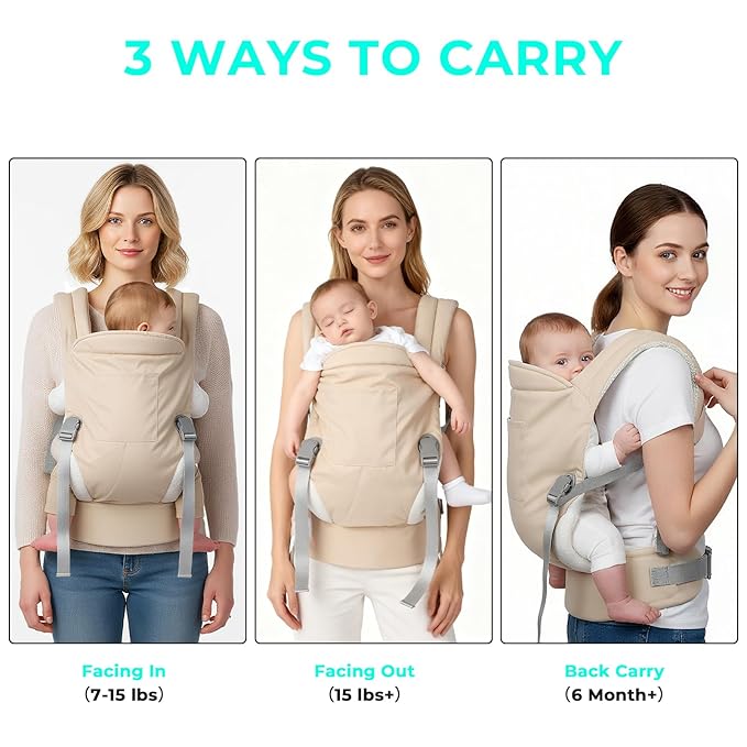 CycleMore Baby Carrier Newborn to Toddler - Soft Structured Carrier with Hip Healthy Design, 3 Carry Positions Options, Ergonomic Backpack Design with Lumbar Support (7-35lbs) Ivory