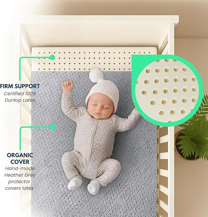 ORGANIC TEXTILES Organic Baby Mattress Topper with Heather Grey Removable Cover - GOLS/GOTS Certified - Breathable - 2" Mini-Crib (38"x24")