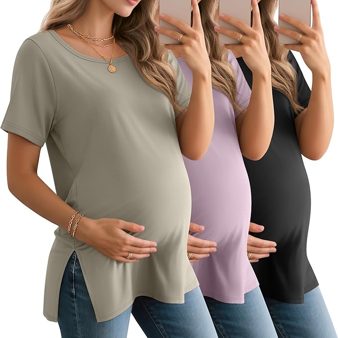 3 Pack Women's Maternity Shirts Short Sleeve Round Neck Side Split Pregnancy Tops Loose Summer Casual Mama Clothes
