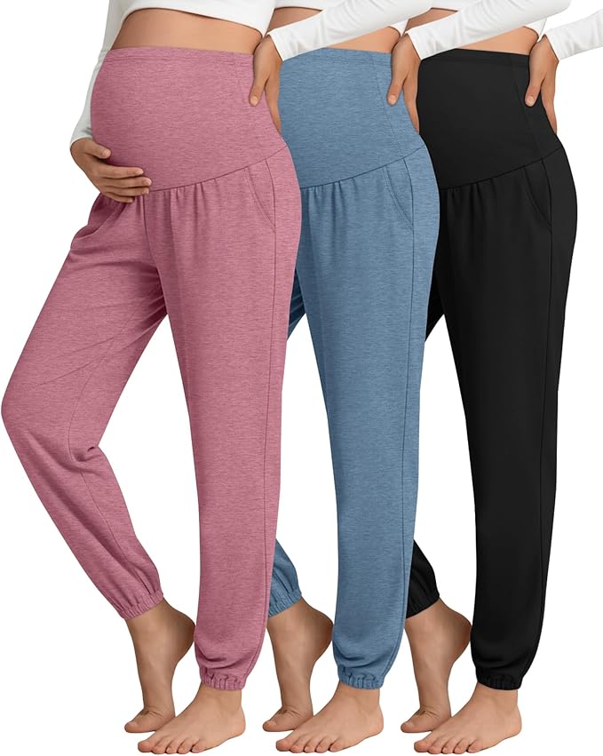 3 Pack Women's Maternity Pants Maternity Jogger Sweatpants Over The Belly Stretchy Pregnancy Pants with Pockets
