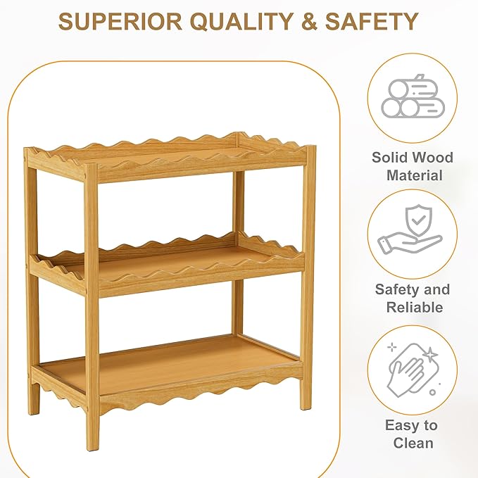 Baby Changing Table, Portable Changing Table, Compact and Lightweight, Solid New Zealand Pinewood, Two Storage Wave-Shaped Shelves, Nursery Organizer, Natural Wood