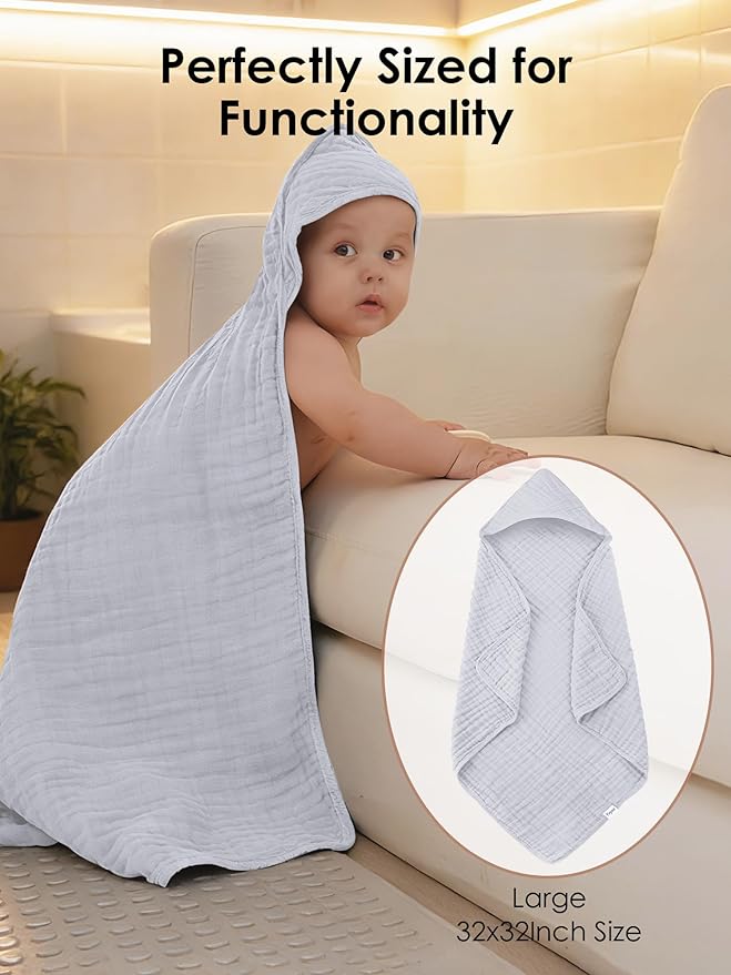 Muslin Hooded Baby Bath Towels - 3 Pack 100% Cotton Ultra-Soft Towels for Newborns, Infants, Toddlers - 32x32 Inch - Highly Absorbent, Quick-Dry Essentials for Bath, Beach, Pool, Grey Blue Series