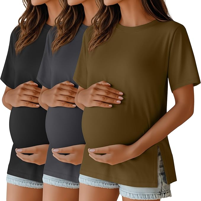 Ficerd 3 Pack Women's Maternity T Shirts, Short Sleeve Side Split Pregnancy Tops Casual Crew Neck Pregnant Tees Mama Clothes