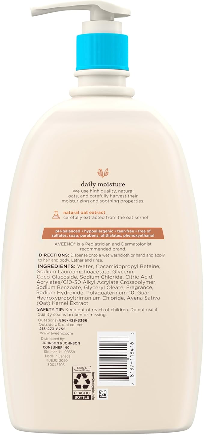 Aveeno Baby Daily Moisture Body Wash & Shampoo with Oat Extract, Hypoallergenic, Tear-Free, No Added Parabens, pH-Balanced Formula for Sensitive Hair & Skin, Baby Essentials, 33 fl oz