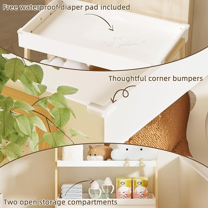 YUFU Baby Changing Table, Portable Diaper Changing Table with Changing Pad, Baby Diaper Changing Station with 2 Tier Storage Shelves for Newborn Baby and Infant, White/Natural
