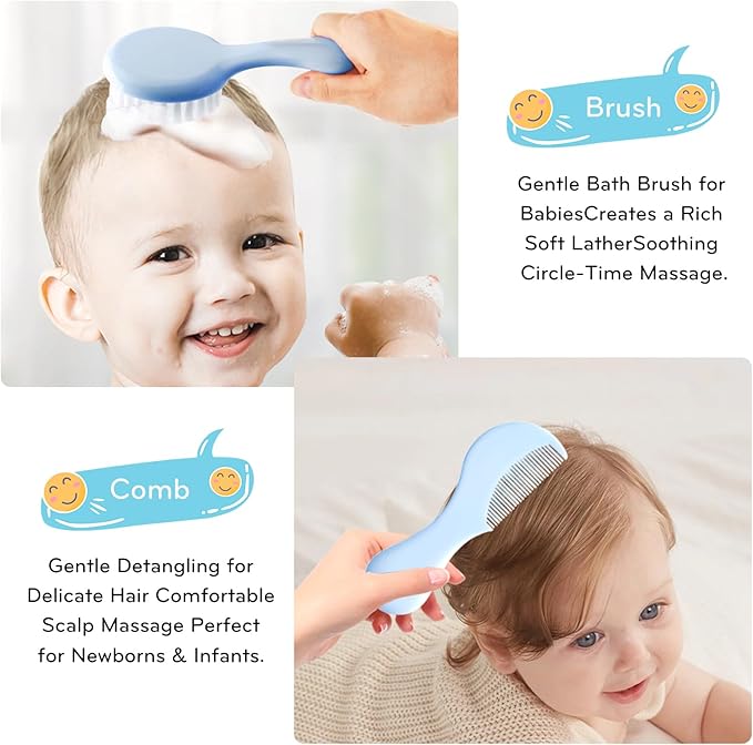 Baby Care Kit, Baby Grooming Kit,6-Piece Newborn Grooming Set with PP Baby Comb & Brush, Silicone Nasal Aspirator, Travel Bottles (60ml/20ml), Toothbrush, Newborn Care Set (Blue)