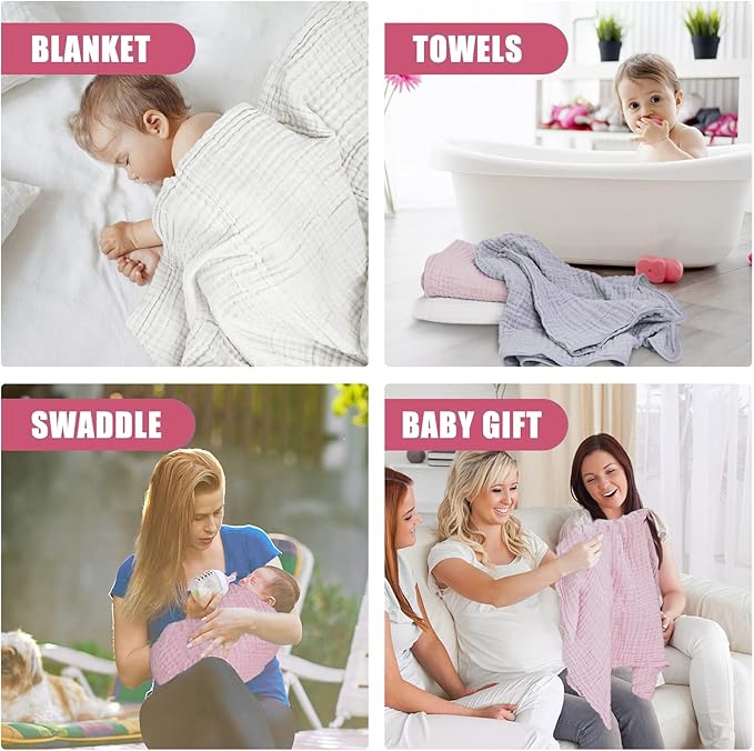 Muslin Baby Bath Towels Set 3 Pack Ultra Soft and Absorbent Baby Towels Infant Toddler Blanket Towel 6-Layer Natural Cotton Towel Suitable for Girl Boy 40x40 inches (White&Pink&Grey)