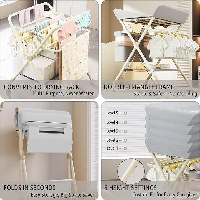 Changing Table, Portable Baby Changing Table with Wheels, Upgraded Foldable Diaper Changing Station with 5-Level Adjustable Height & Large Nursery Organizer Storage for Newborn Infant