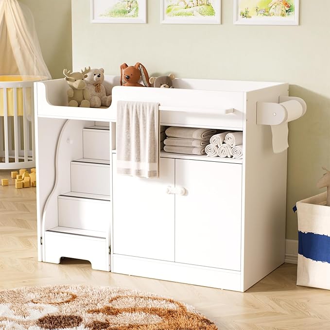 PAKASEPT Baby Changing Table with Stairs & Storage, Nursery Dresser Modern Diaper Changing Station, Dresser for Nursery with Adjustable Shelves, Storage Crib with Changing Table