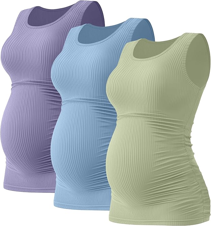 Riyiper 3 Pack Women's Maternity Tank Tops, Sleeveless Cotton Pregnancy Shirts Ribbed Knit Sides Ruched Basic Mama Clothes