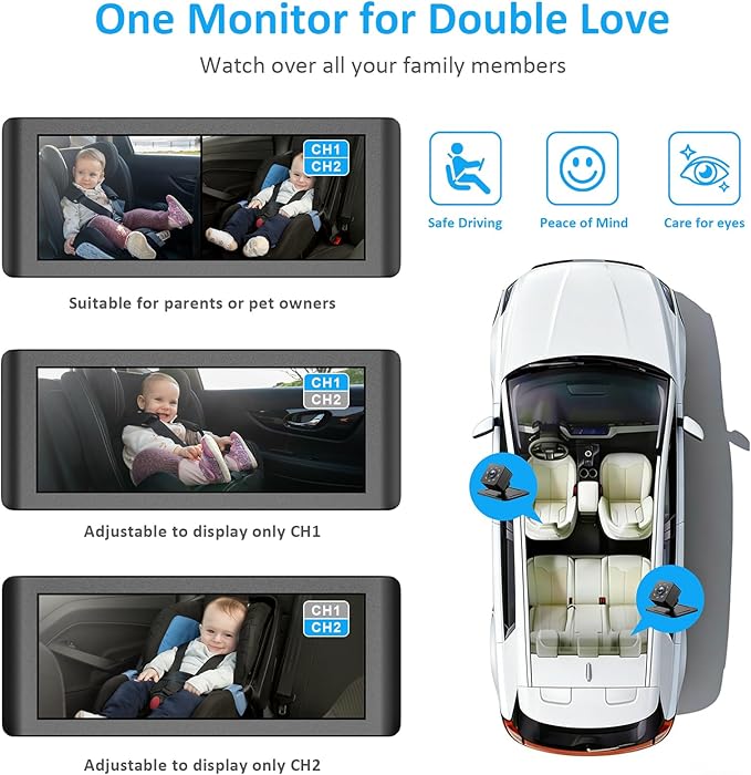 Baby Car Camera for 2 Kids, 6.86" 1080P HD Split Screen Baby Monitor with Dual Backseat Cameras and IR Night Vision, Crystal Clear Wide View Baby Car Mirror for Rear Seat Safety (Not USB)