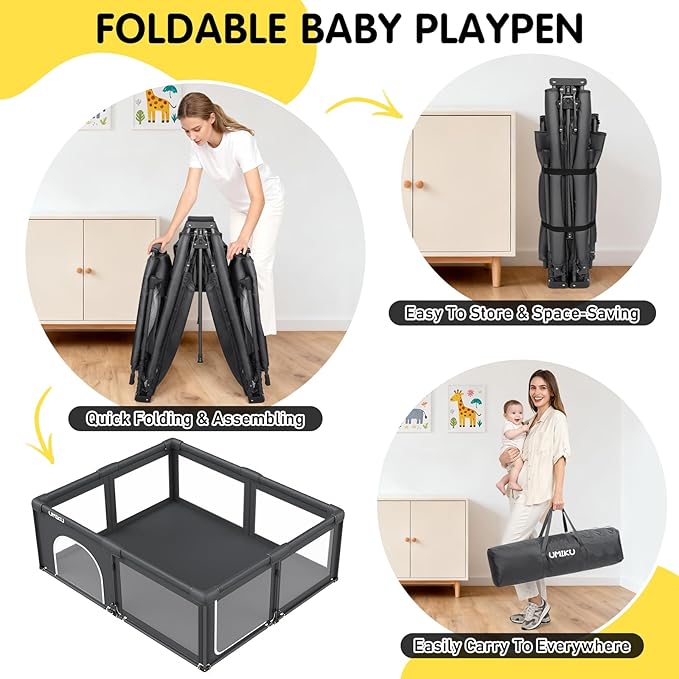 Baby Playpen Foldable Playpen for Babies and Toddlers, Extra Large Playpens Portable Play Pen with 2 Doors Activity Center for Kids Indoor Outdoor Pack and Play Baby Shower Gifts, 71"X59" Dark Grey