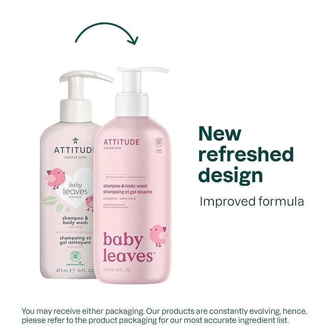 ATTITUDE 2-in-1 Shampoo & Body Wash for Baby, Fragrance-Free EWG Hypoallergenic Plant- & Mineral-Based Ingredients, Vegan and Cruelty-Free, Unscented, 16 Fl Oz, (Pack of 2)