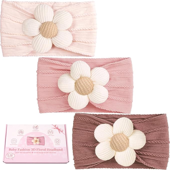 CÉLLOT Baby Flower Headbands Baby Girls Nylon Headbands Baby Essentials Stretchy Hairbands Handmade Hair Accessories for Newborn Infant Toddlers Kids (Pink,Cameo,Salmon)