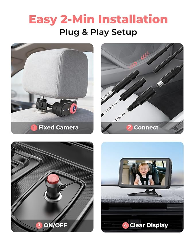 LUKVIEW BM2A Car Camera Baby Monitor, 5.2" 1080P HD Screen with 3X Zoom & IR Night Vision, Baby Car Camera for Rear Facing Seats, Easy Install for Girls, Parents and Pet Lovers