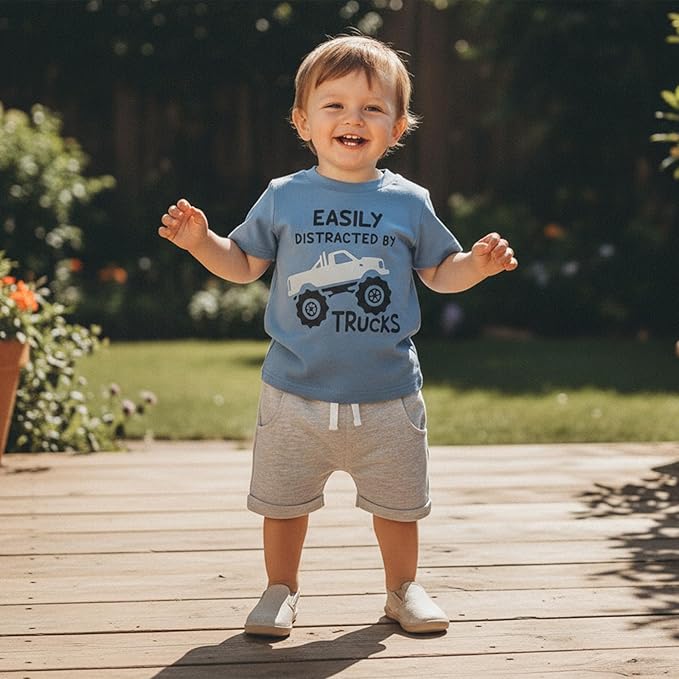 WZTYYDS Toddler Baby Boy Summer Clothes 2T 3T 4T 5T Boys Outfit Letter Truck Short Sleeve T-Shirt Tops + Shorts Set