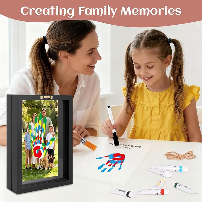 Family Handprint Kit, DIY Baby Hand and Footprint Handmade Keepsake Wooden Frame, Family Gifts with 6 Non-Toxic Baby-Safe Paint, Ideas Gift for New Parents, Grandparents, Father's Day, Mother's Day