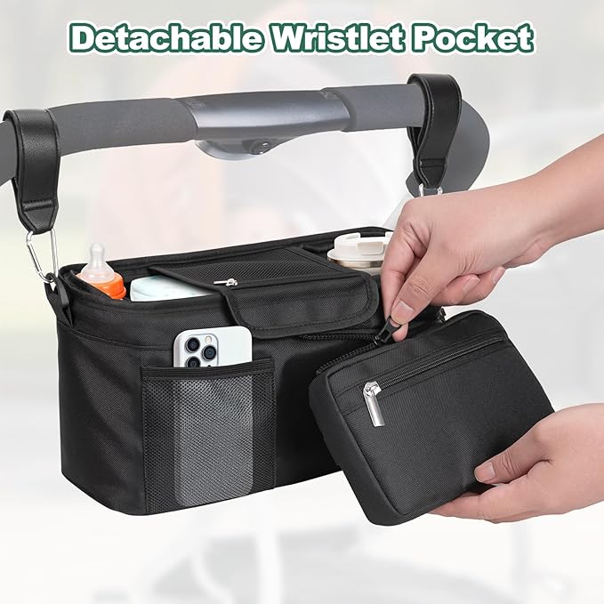 Universal Stroller Organizer Bag, Stroller Caddy with Insulated Cup Holders & Detachable Phone Bag and Shoulder Strap, Stroller Bag for Baby Accessories Fits Most Strollers On Travel, Walks (Black)