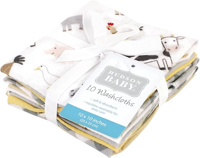 Hudson Baby Unisex Baby Flannel Cotton Washcloths, Cute Farm 10 Pack, One Size