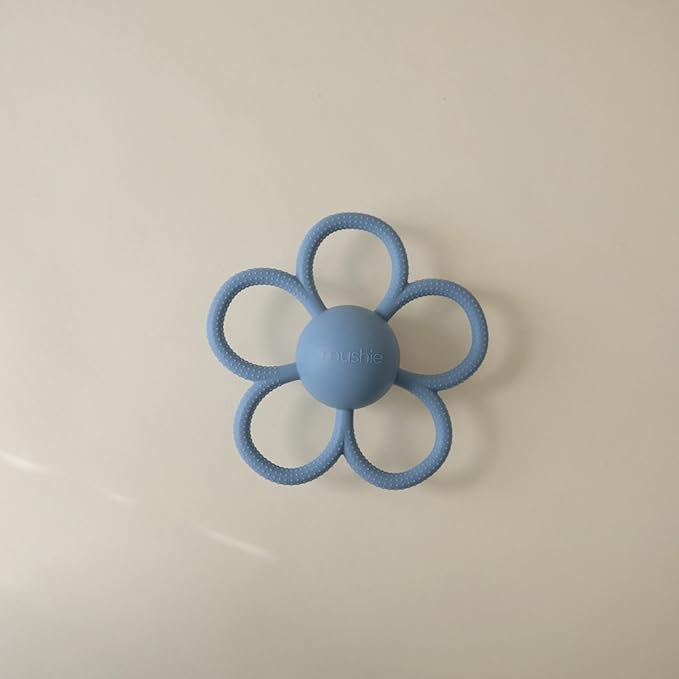 mushie Silicone Baby Daisy Rattle Teether Toy (Faded Denim)