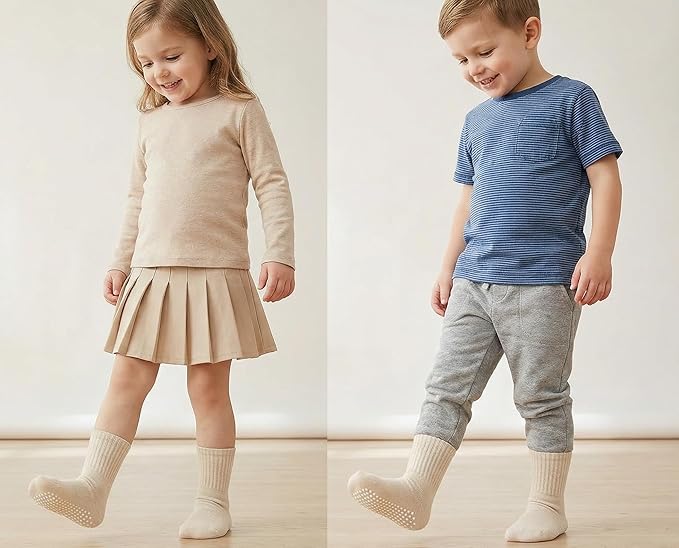 Toddler Grip Socks with Non-Slip, Unisex Baby Retro Stripe Seamless Crew Ankle Cotton Socks for Girls Boys 6 Pairs