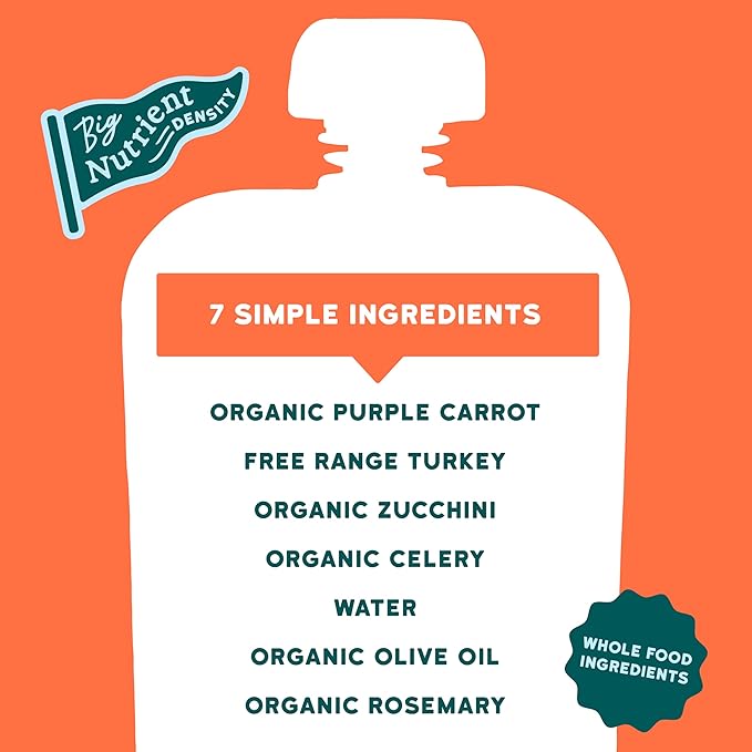 Serenity Kids 6+ Month Baby Food Puree Pouch - 3.5 Oz, Pack of 6, Turkey & Rosemary - Organic Zucchini & Carrot Pouch - No Added Sugar Turkey Meat Puree for Baby Snacks