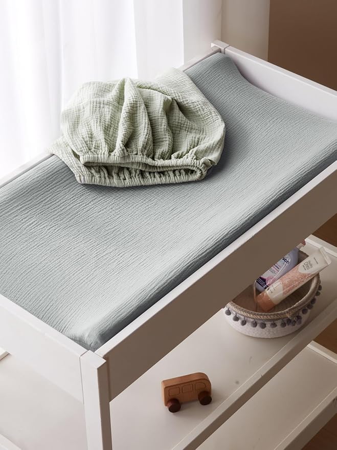 TILLYOU Muslin Changing Pad Cover for Baby Girls Boys, Soft and Breathable Cotton Diaper Changing Table Cover, 2 Pack(Grey&Saga)