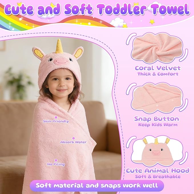 8 Pcs Toddler Bath Towel Set, 2 Pcs Toddler Towels with Hood, Large 55" x 27.5" Toddler Towels & 6 Pcs Baby Washcloths for Boy Girl, Soft Absorbent Gift for Baby, Infant, Newborn Essential