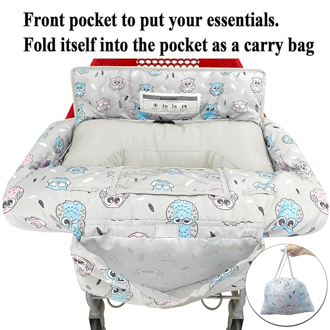 Love&go Soft Pillow Attached 2-in-1 Shopping Cart and High Chair Cover for Baby, Cotton Padded Cart Cover, Fold'n Roll Style, Portable with Carry Bag (Gray Owl)