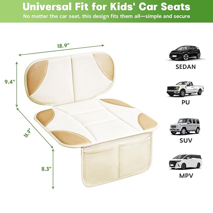 Siivton Car Seat Protector for Kids, Anti-Slip Design, Thick Padding, Prevents Seat Marks, 2 Storage Pockets for Toys & Snacks, Fits Most Cars, Black (Beige, 1 Pack)