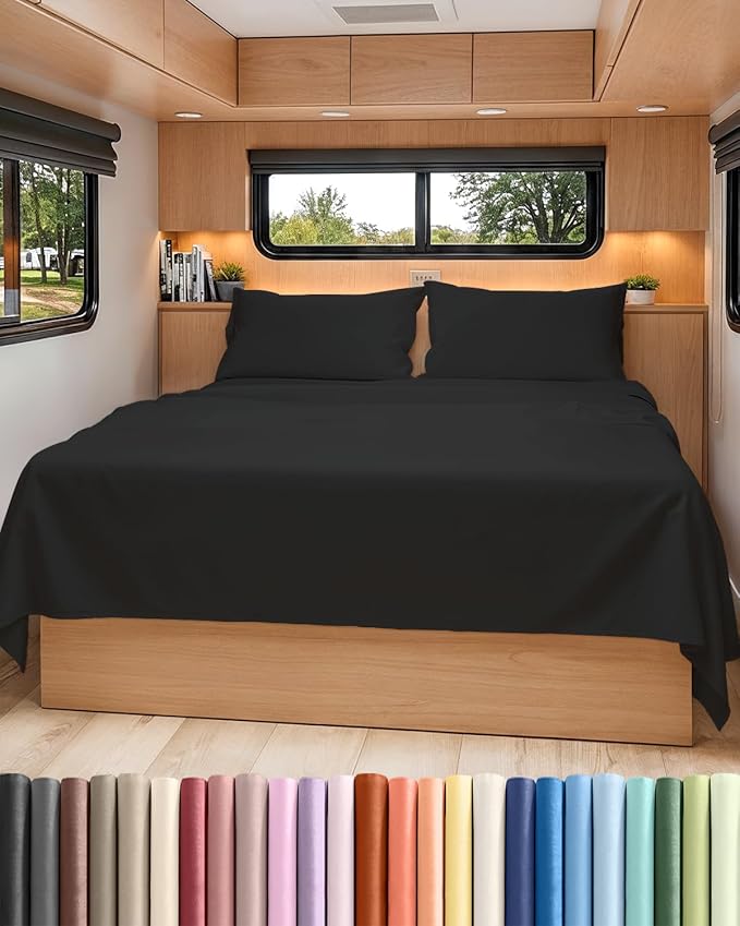 RV Short Queen Sheet Set 60 X 75 - 4 Piece RV Short Queen Bed Sheets - Soft, Breathable and Cooling - Designed for Bunks, Trailers & Campers - Fits 8” to 12" Mattress - Hotel Luxury Bedding - Black