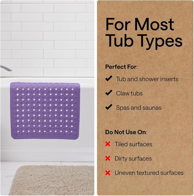 GORILLA GRIP Patented Bath Tub Shower Mat, Machine Washable Bathtub Floor Liner Mats, Suction Cups and Drain Holes to Keep Tubs Clean, Soft on Feet, Bathroom Essentials, 35x16 Inch, Purple Opaque
