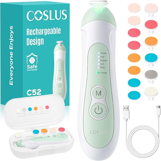 COSLUS C52 Rechargeable Baby Nail File: Cordless Baby Nail Trimmer Electric with 5 Speeds & 6 Grinding Heads for Baby Kid, CPC Certified and Quiet Design - Safe for Sleep Trim Buffer, Green