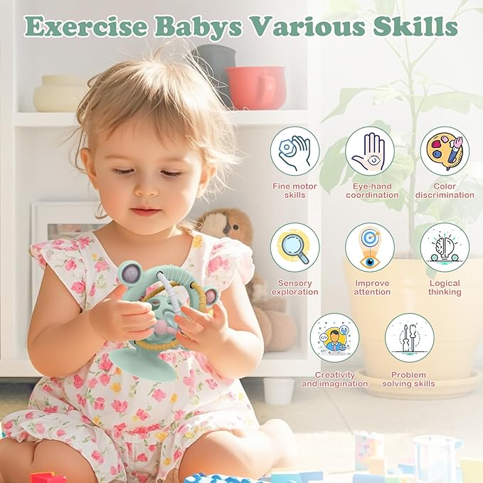 TYRY.HU Silicone Baby Teething Toys for Babies 0-6 6-12 Months, Multi Purpose High Chair Toys, Baby Suction Table Toys, Teething Relief Chew Toy, Sensory Rattle Toy with Textures for Infants, Green