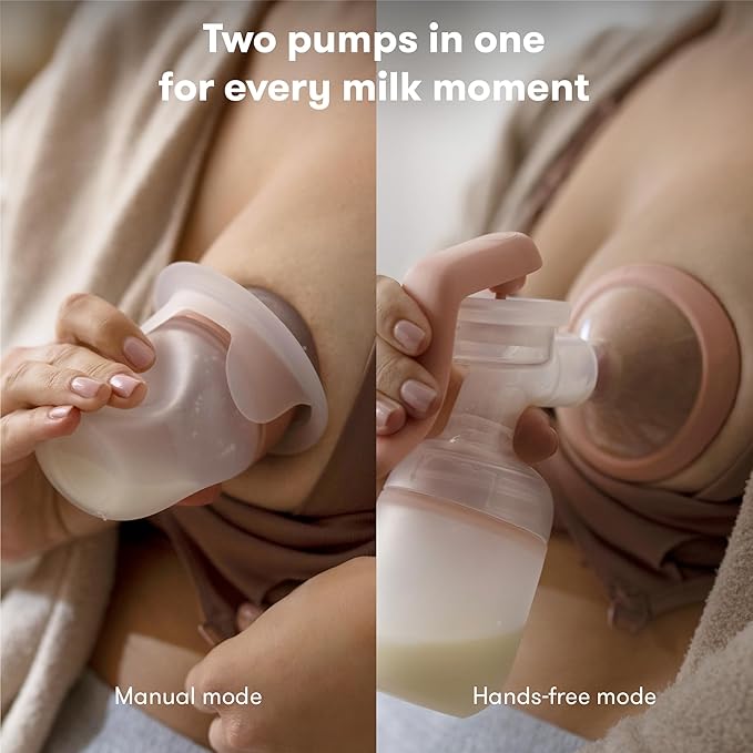 Frida Mom 2-in-1 Breast Pump: Manual Hand Pump & Hands-Free Automatic Suction Cup, Dual-Mode, Wireless Milk Collector, Ergonomic Handle, SoftFeel Flange for Breastfeeding