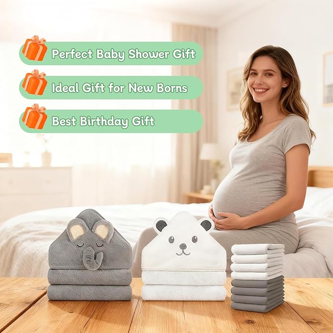 10 PCS Baby Towels Set - 2 Hooded Towels & 8 Washcloths, Ultra Soft & Absorbent Bath Towels for Newborn, Infant, Toddler, Baby Shower, Daily Use, Cute Animal Design