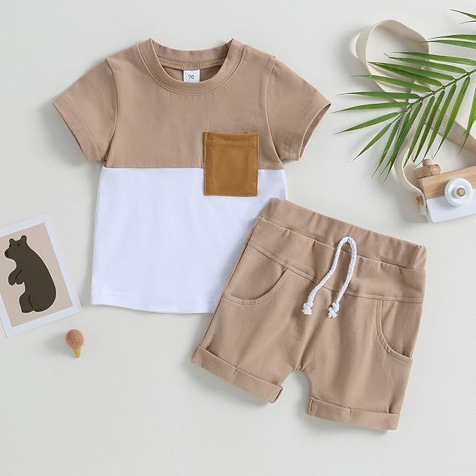 fhutpw Baby Toddler Boy Clothes Summer Outfits 6 12 18 24 Months Patchwork Short Sleeve T Shirt & Shorts Sets with Pockets