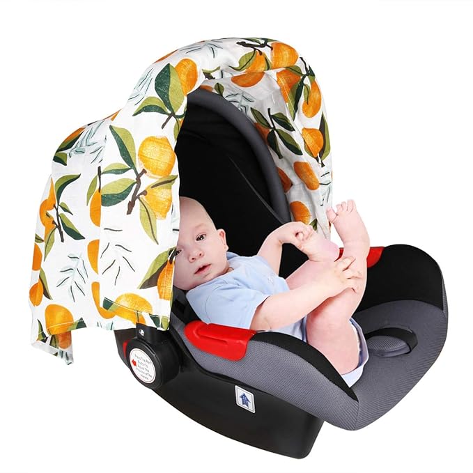 Baby Car Seat Cover Infant Carseat Canopy, Metplus Cotton Muslin Carrier Covers, Summer Stroller Canopie - Extra Wide Universal Fit, Lightweight Breathable Soft for Newborn Boy Girl (Oranges)