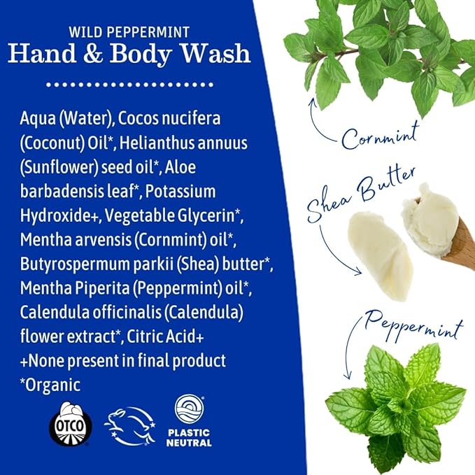 Earth Mama Wild Peppermint Hand & Body Wash | Foaming Castile Soap Liquid and Hand Soap, Made with Organic Wild Mint & Peppermint Oil, 5.3 fl oz (2-Pack)