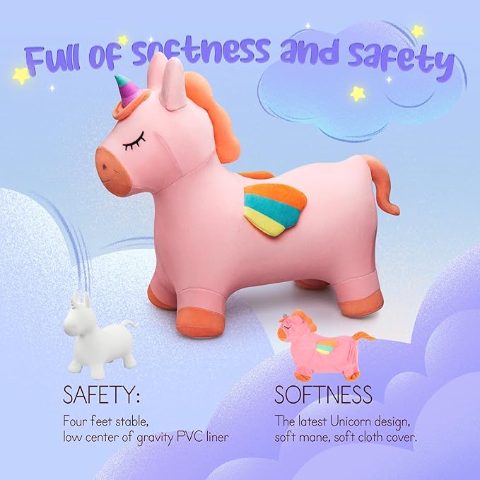 U&C Planet Pink Unicorn Bouncy Horse for Toddlers, Bouncy Animals for Toddlers, Animal Hopper Bouncing Toys Gift for 18 Months 2 3 4 5 6 Years Old Outdoor Indoor with Pump