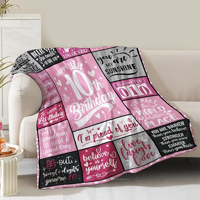 Gifts for 10 Year Old Girls, 10 Year Old Girl Birthday Gifts Blanket 10th Birthday Gift for Girls Daughter Granddaughter Niece Sister Party Decor Christmas Valentines Easter Present Soft Throw 60x50in