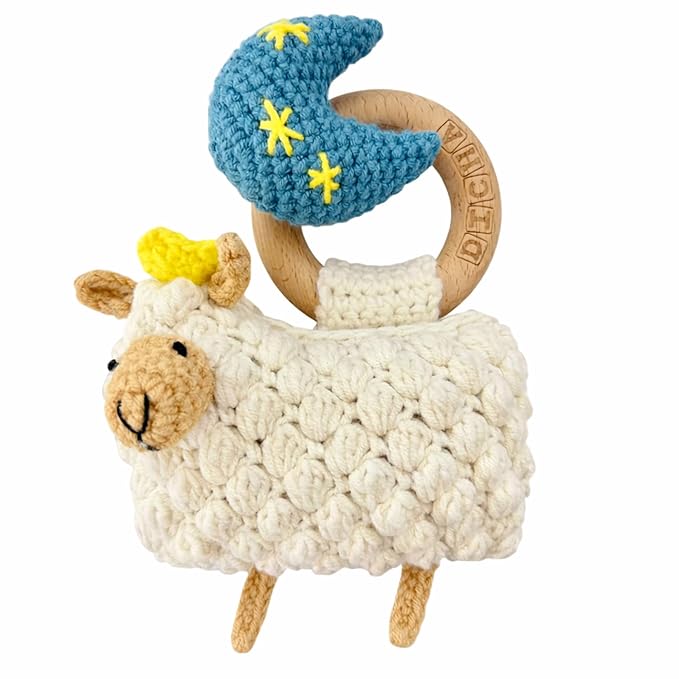 DICHA Wood Baby Rattle-Infant Crochet Rattle Sensory Development Wooden Toys Set-Includes Beech Wooden Teething Ring-Sheep
