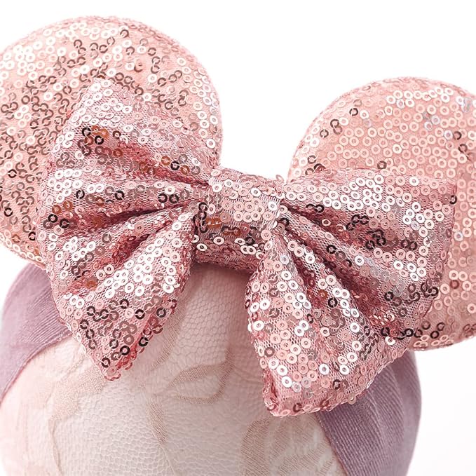 JIAHANG Baby Girl Mouse Ears Turban Headwrap with Gold Sequin Bows, Wide Velvet Hairband for Newborn, Toddler, and Kids - Party Supplies