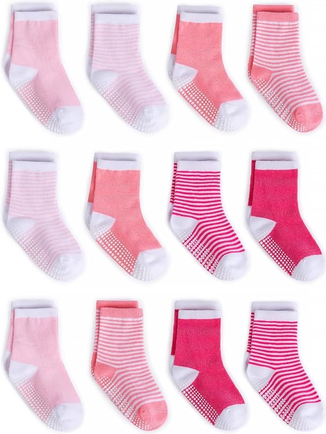 ZAPLES Baby Non Slip Grip Crew Socks with Anti Skid Soles for Infants Toddlers Kids Boys Girls