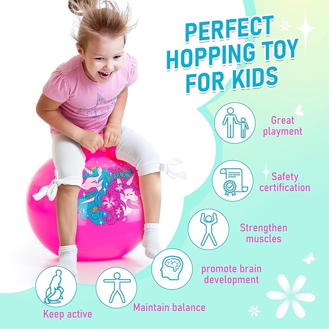 U&C Planet Hopper Ball 18 inches Bouncy Ball with Handle for Kids Age 3-6 Hoppity Hop Sit and Bounce Jumping Hopping Toy with Pump, Great Toddler Girls Toys for Birthday, Pink