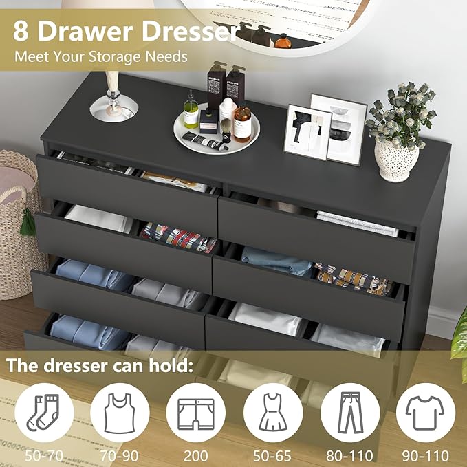Black 8 Drawer Dresser for Bedroom,Modern Large Dresser with Deep Drawer,Wide Storage Chest of Drawer, Bedroom Storage Furniture Drawers for Living Room