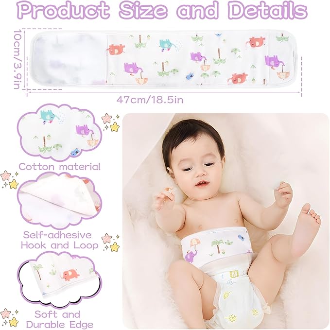 4Pcs Baby Infant Umbilical Cord Belly Bands Cartoon Cotton Soft Baby Belly Belt, Adjustable Newborn Belly Button Wrap, Baby Tummy Wrap for Protection, Baby Gifts for 0 to 12 Months(Elephant)